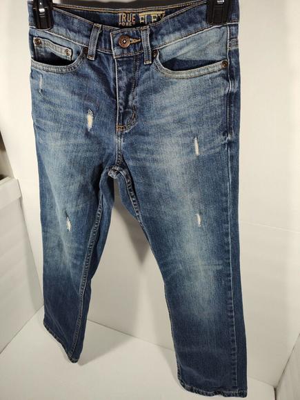 True Craft Flex Boy's Size 10 Med Wash Straight Stretch Distressed Denim Jeans - Picture 3 of 11
